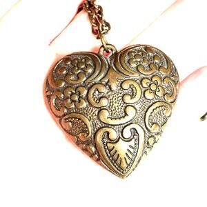 Puffy heart pendant necklace antiqued golden bronze color dimensional details